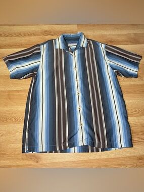 Tommy Bahama Men’s Large Blue Brown Striped Button Up Camp Shirt Silk Tencel